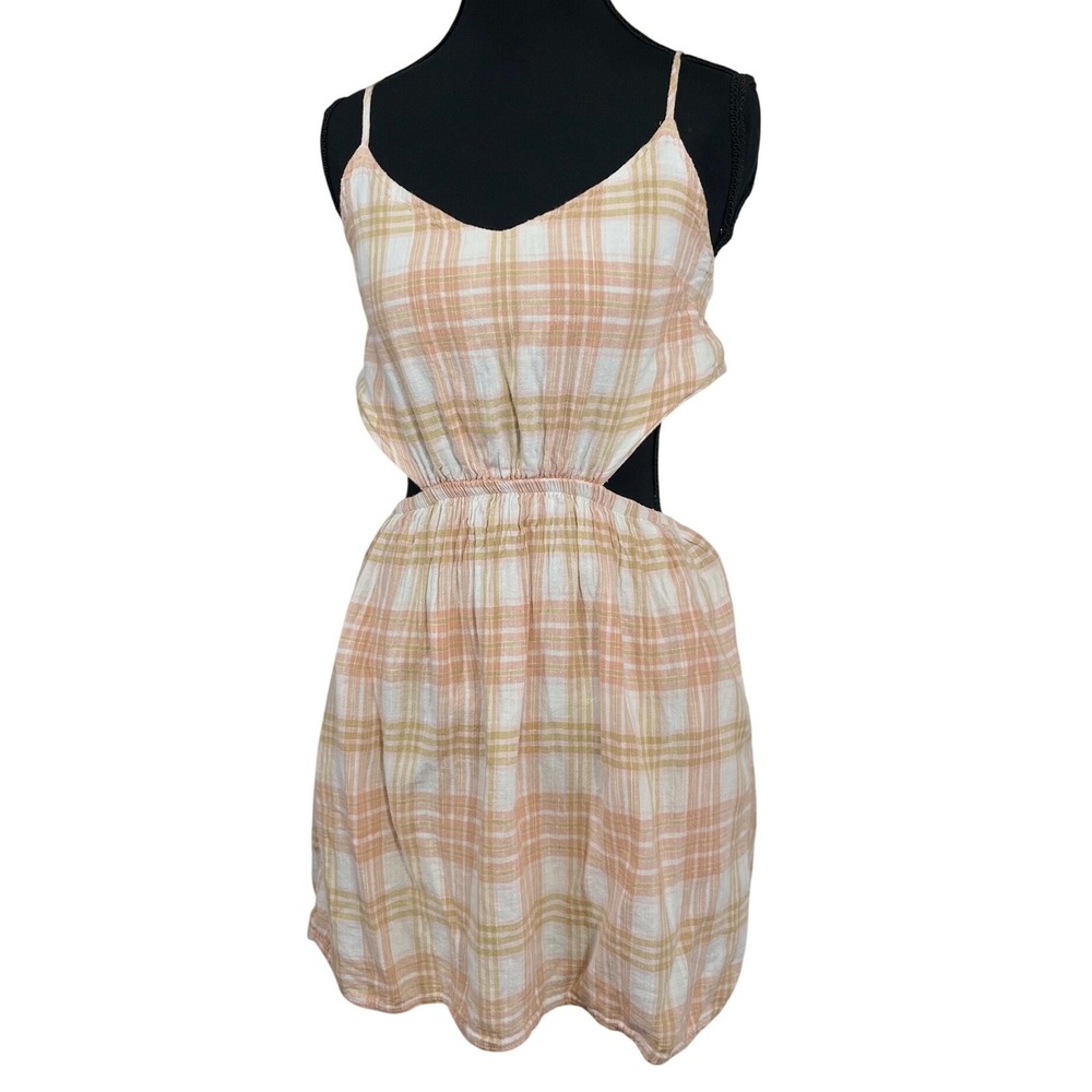 American Eagle Plaid Cutout Mini Dress Womens XS Peach Linen Blend